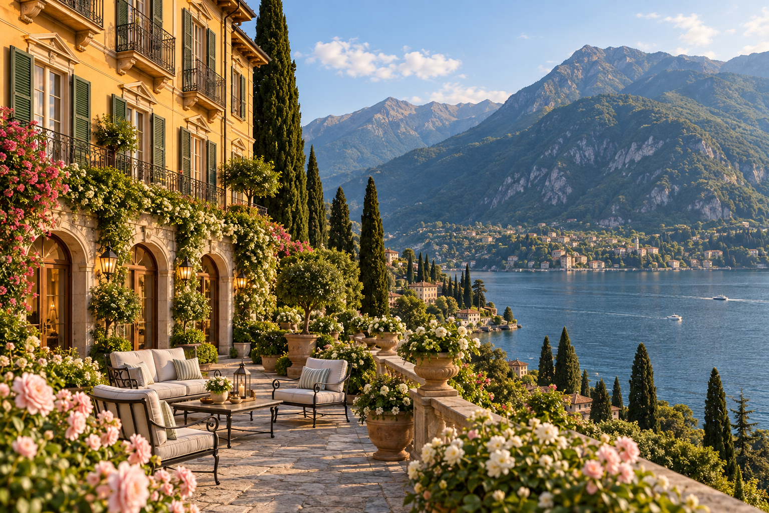 Villa Aurora, gardens, Lake Como and mountains